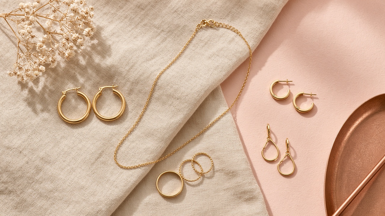 Everyday gold jewelry flat-lay