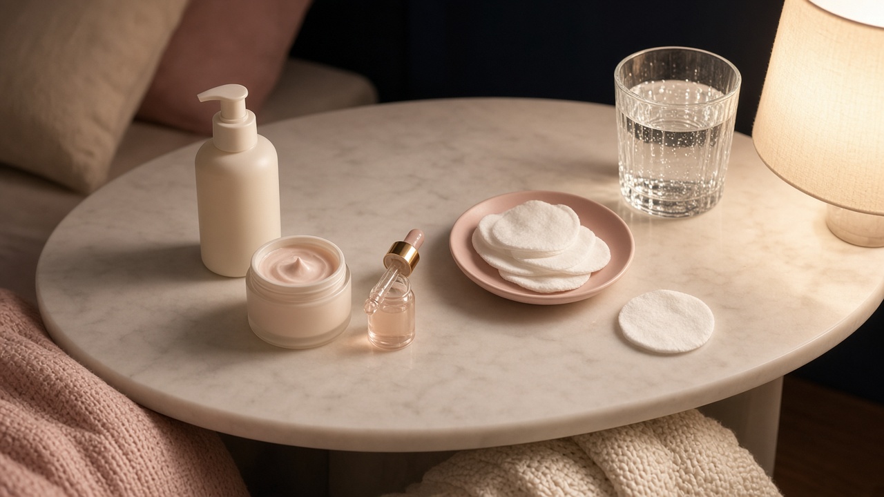 Evening skincare routine flat-lay